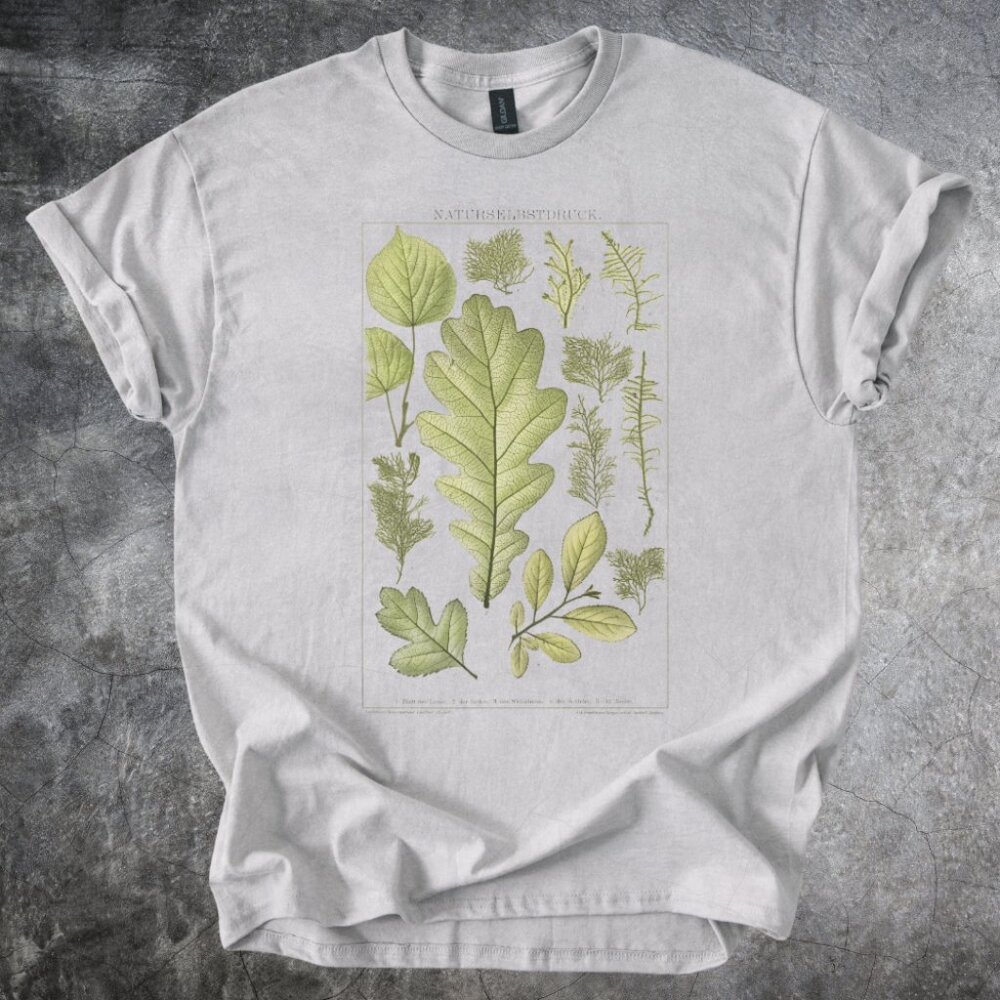 Botanical Leaves Shirt Green Plant Illustration Tshirt Cotton Crewneck Gray
